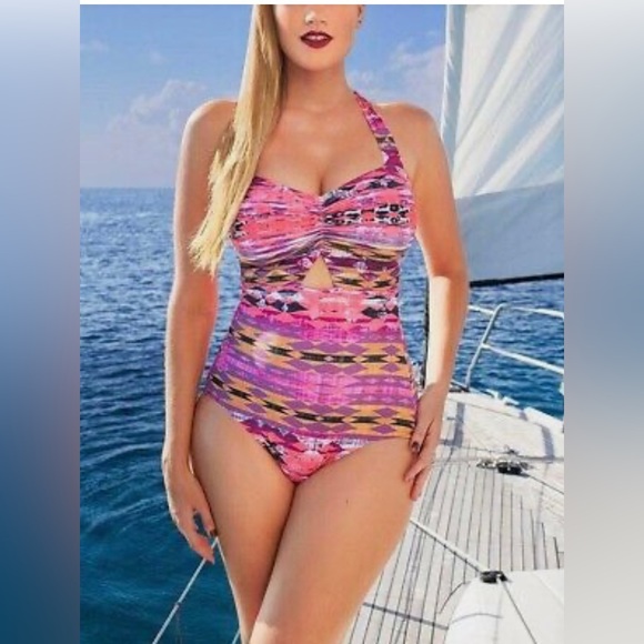 PLUS SIZE TROPICULTURE Pink Print Zanzibar Triangle 1-Piece Bathing Suit - Picture 3 of 5